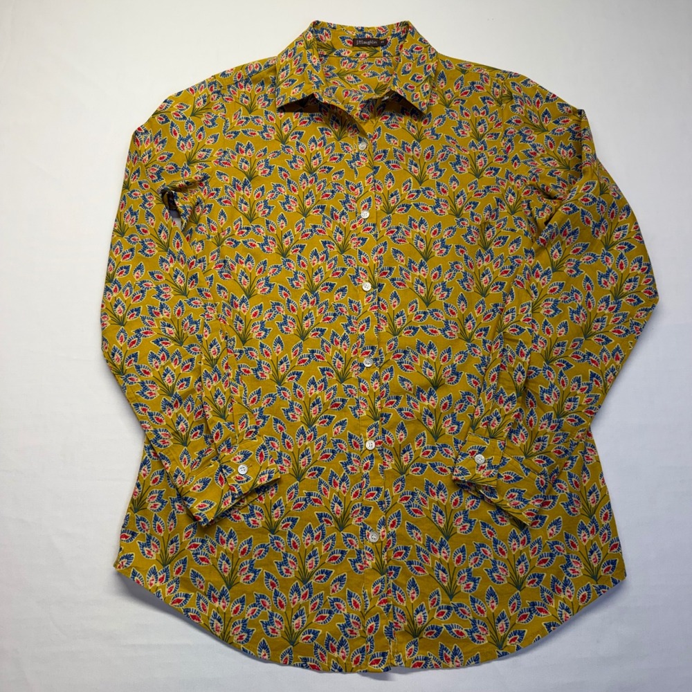 J McLaughlin XS Mustard Floral Print Cotton Shirt Preppy Palm Beach Coastal - Picture 2 of 9